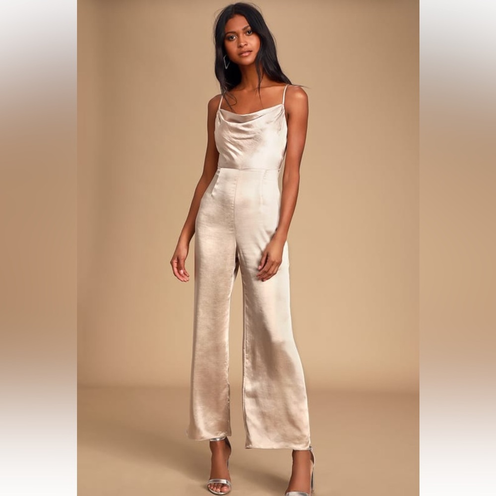Lush Perfect Night Champagne Satin Cowl Neck Culottes Jumpsuit